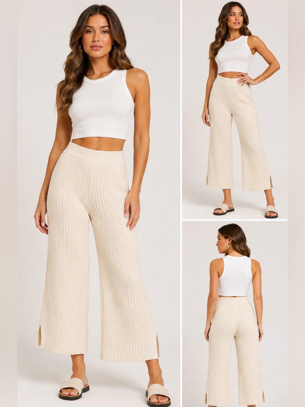ASOS Design Cream Ribbed Knit Wide Leg Cropped Pants Size 6